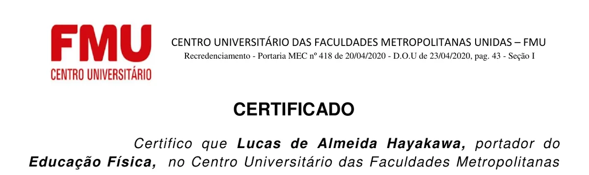 Certificado de conclusão — Bacharel em Educação Física, FMU